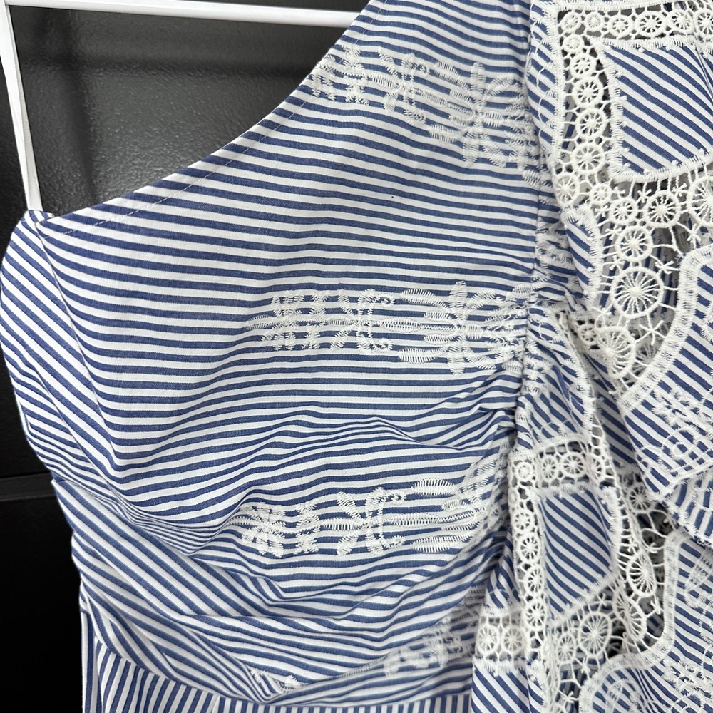 BCBGMAXAZRIA BCBG One Shoulder Embroidered Stripe Dress Blue Size 4 - Picture 7 of 9